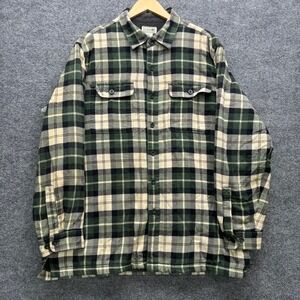 L.L. Bean Flannel Shirt Jacket Men's Size L Green Beige Black Plaid Lined Warm
